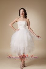 Clearance Strapless Tea-length Tulle Beading Wedding Dress