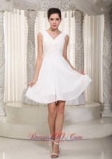 White V Neck Ruched Short Prom Cocktail Dresses Chiffon