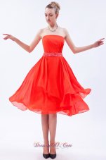 Orange Red Empire Prom Dress Beaded Belt Knee-length