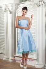 Flounced Neckline Sky Blue Bridesmaid Dress Tea-length