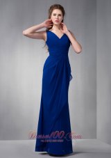 Dark Blue V-neck Bridesmaid Formal Gowns Pleats Chiffon