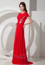 Square Short Sleeves Brush Red Prom Dress Chiffon