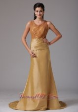 Gold Scoop Ruch and Lace Prom Gown