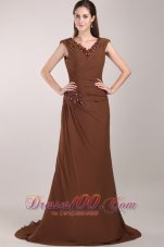 Brown V-neck Brush Train Chiffon Beading Mom's Dress