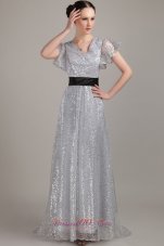 Flounced Short Sleeves V-neck Sequin Belt Mother Bride Dress