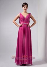 Hot Pink Column Mothers Dresses V-neck Floor-length