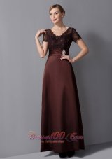 Brown Column Mothers Dresses V-neck Ankle-length Satin