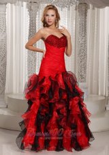 Red and Black Beading Decorate Sweetheart Prom gown