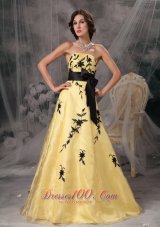Yellow Prom Gowns with Black Applique and Sash
