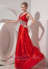 Beaded Straps Deep Neck Silk Like Satin Prom Dress