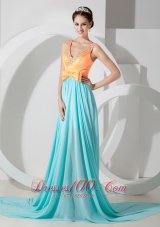 Aqua Blue and Orange Evening Dress Belt Brush Train