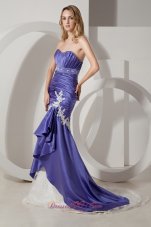 Purple and White Elastic Wove Satin Wedding Dress Court Train