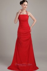 Red Column / Sheath Halter Ruch Prom Dress