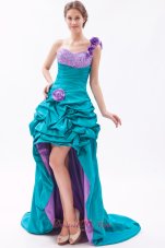 Teal and Lavender One Shoulder High-low Beading Prom Dress