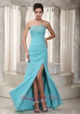 Light Blue Prom Dress Ruching Beaded Bust Side Slit