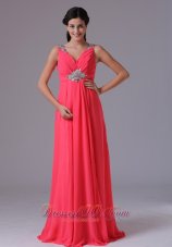 Ruched V-neck Mid Beadwork Prom Dress Floor-length