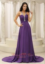 Beaded V-neck Race Open Back Brush Prom Gowns