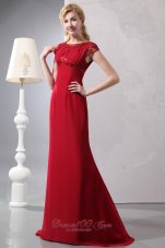 Modest Wine Red Prom Dress Round Neck Brush Beading