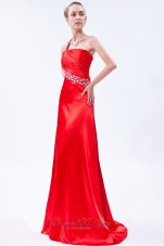 Red Pleat Prom Dress Column One Shoulder Beading