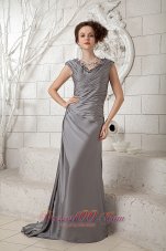 Popular Column Gray V-neck Prom Dress Ruch Brush