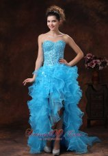 Hi-lo Blue For Sassy Prom Dress Beaded and Ruffles