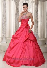 Handmade Flower Beading Evening Gown Coral Red