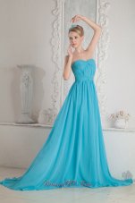 Court Train Chiffon Blue Pleated Prom Dresses