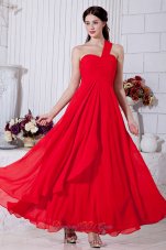 Ankle Length Layered Red One Shoulder Prom Gown