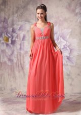 Cross Straps Beaded Watermelon Prom Evning Dress