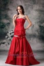 Hand Flower Mermaid Red Evening Dress Applique Straps