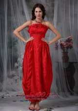 Ankle Length Red Organza Flouncing Prom Gown with Bow