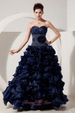 Navy Blue Organza Ruffled Beading Handmade Prom Dress