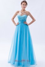 Baby Blue Tulle Princess Prom Dress Beadings Ruched