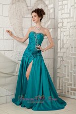 Ruched High Slit Turquoise Prom Dress with Brush Beading