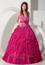 Hot Pink Halter Chiffon Quinceanera Dress Layer