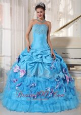 Aqua Quinceanera Dress Pick-ups Hand Made Flower Decorate