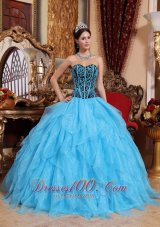 Aqua Blue Quinceanera Dress Sweetheart Embroidery Ruffles