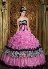 Rose Pink and Zebra Print Pick-ups Boning Sweet 15 Dress