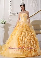 Yellow Quinceanera Dress Strapless Floral and Beading Sweep Train