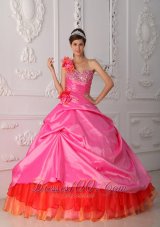 Rose Pink and Orange Quince Dress Hand Made Flower One Shoulder