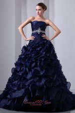 Navy A-line/Princess Beading and Floral Quinceanera Dress