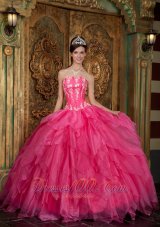 Hot Pink Quinceanera Applique Layer Puffy Sweet 15 Dress