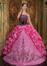 Rose Pink Quinceanera Ball Gown Boning Pick-ups Embroidery