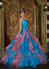 Multi-tiered Blue and Watermelon Quinceanera Dress Princess