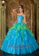 Strapless Blue and Green Ball Gown Quinceanera Dress