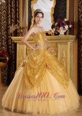 Gold Pick-ups Sequince and Tulle Sweetheart Quinceanera Dress