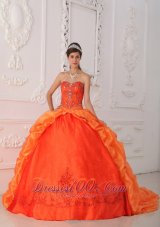 Orange Red Quinceanera Dress Beading Brush Train Sweetheart