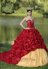 Wine Red Quinceanera Dress Yellow Embroidery with Train