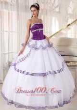 Strapless White and Purple Quinceanera Dress Gown