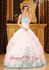 White Sky Blue Strapless Sweet 15 Dress Embroidery